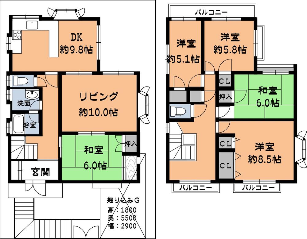 Floor plan. 41,500,000 yen, 5LDK, Land area 138.41 sq m , Building area 144.35 sq m 5LDK Garage Yes digging High: about 1800 Back: about 5500 Width: about 2300