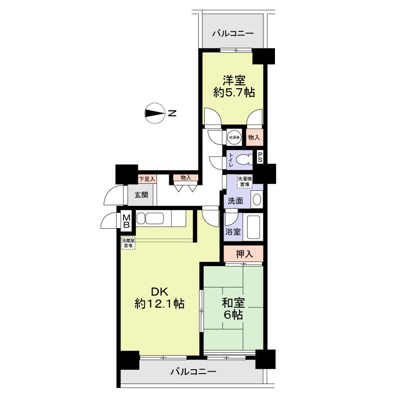 Floor plan. 2LDK, Price 14,950,000 yen, Occupied area 63.62 sq m , Balcony area 11.76 sq m