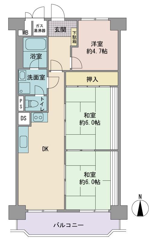 Floor plan. 3LDK, Price 12.8 million yen, Occupied area 63.55 sq m , Balcony area 7.21 sq m