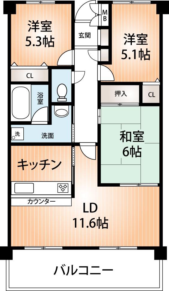 Floor plan. 3LDK, Price 22,800,000 yen, Occupied area 69.29 sq m , Balcony area 10.85 sq m