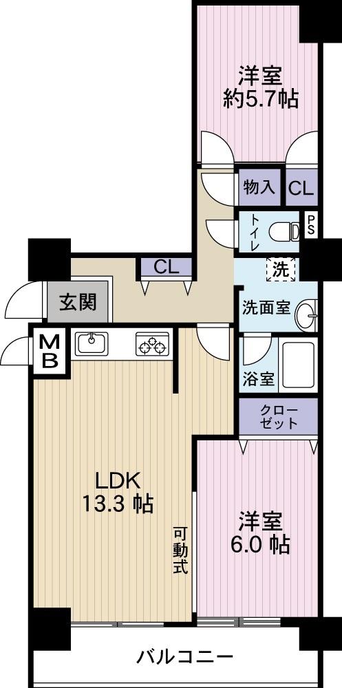 Floor plan. 2LDK, Price 12.9 million yen, Occupied area 63.62 sq m , Balcony area 7.56 sq m