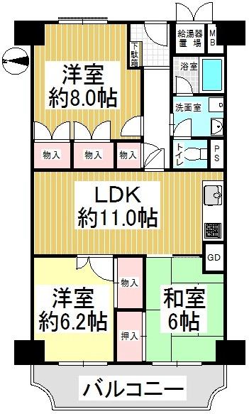 Floor plan. 3LDK, Price 12.8 million yen, Footprint 71.5 sq m , Balcony area 9.35 sq m floor plan
