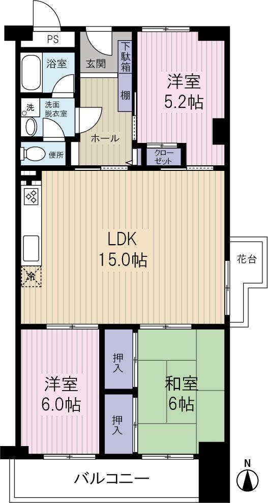 Floor plan. 3LDK, Price 15.5 million yen, Occupied area 73.71 sq m , Balcony area 7.56 sq m
