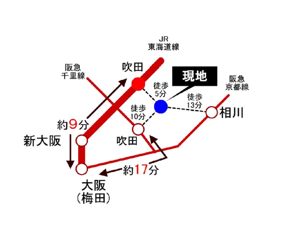 Access view. Because from JR Suita Station to JR Osaka Station is a short distance of about 9 minutes, Ideal for daily commute, Also it is likely to increase time with family. JR other, Hankyu Senri Line, 3WAY access also Hankyu Kyoto Line can use is one of the charm.