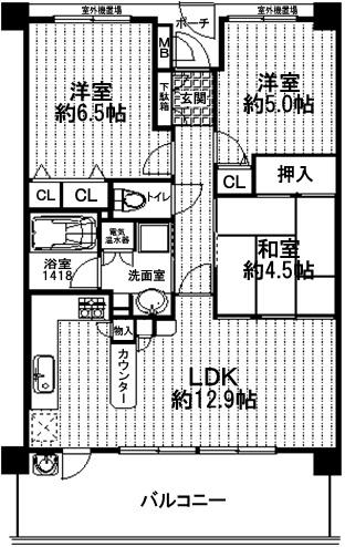 Floor plan. 3LDK, Price 21.5 million yen, Occupied area 64.52 sq m ese-style room about 4.5 Pledge which is adjacent to the balcony area 13.9 sq m living room you can also use it as part of the LDK opened the bran.