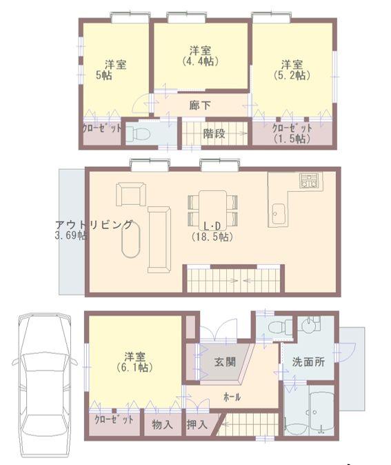 Floor plan. 34,500,000 yen, 4LDK, Land area 75.71 sq m , Building area 103.05 sq m