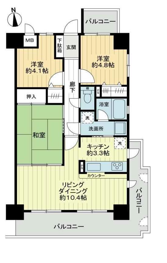 Floor plan. 3LDK, Price 23 million yen, Footprint 63.8 sq m , Balcony area 18.58 sq m