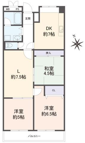 Floor plan. 3LDK, Price 10.8 million yen, Footprint 66 sq m , Please check the balcony area 6.28 sq m the real thing in the field