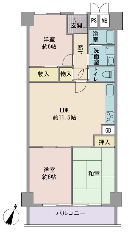 Floor plan. 3LDK, Price 13.3 million yen, Occupied area 68.75 sq m , Balcony area 6.6 sq m