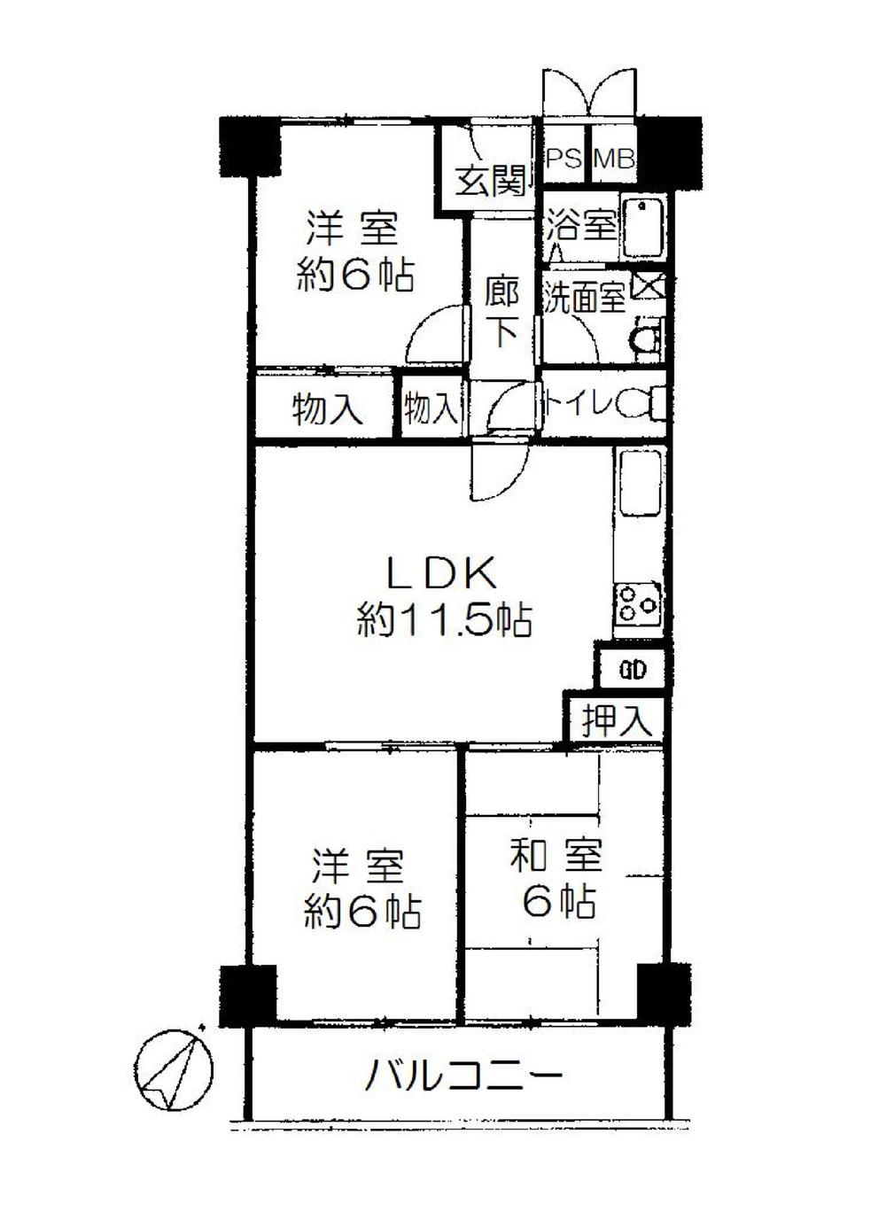 Floor plan. 3LDK, Price 13.3 million yen, Occupied area 68.75 sq m , Balcony area 6.6 sq m
