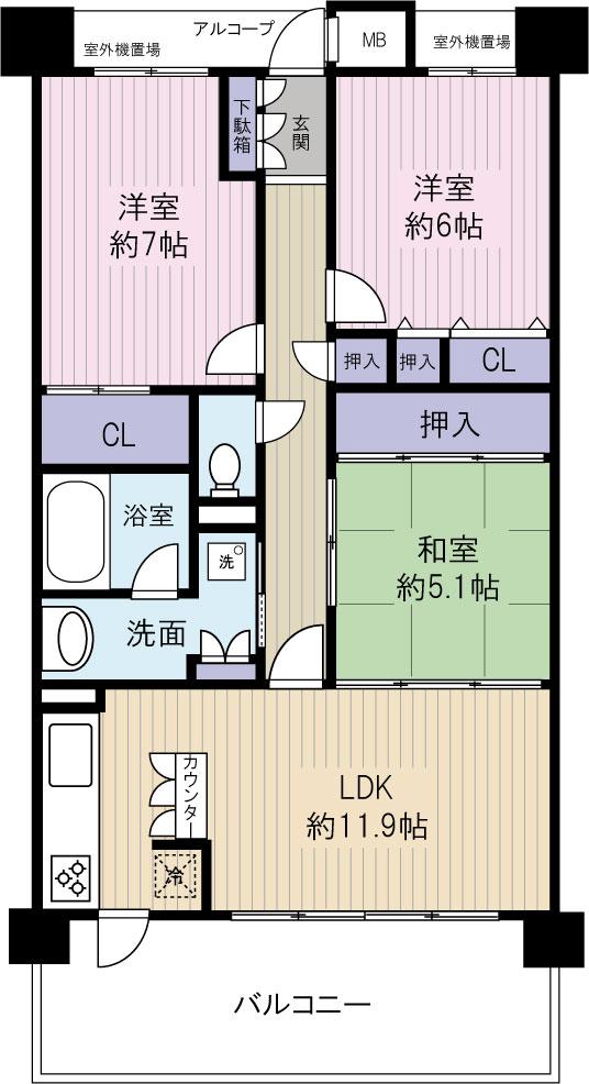 Floor plan. 3LDK, Price 26,800,000 yen, Occupied area 72.08 sq m , Balcony area 13.56 sq m