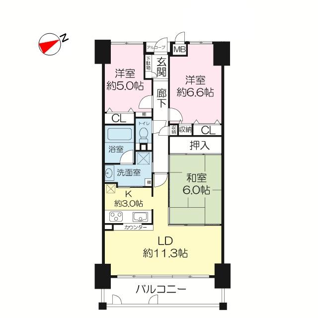 Floor plan. 3LDK, Price 19,800,000 yen, Occupied area 72.11 sq m , Balcony area 9.05 sq m