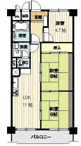 Floor plan. 3LDK, Price 12.8 million yen, Occupied area 63.55 sq m , Balcony area 7.21 sq m