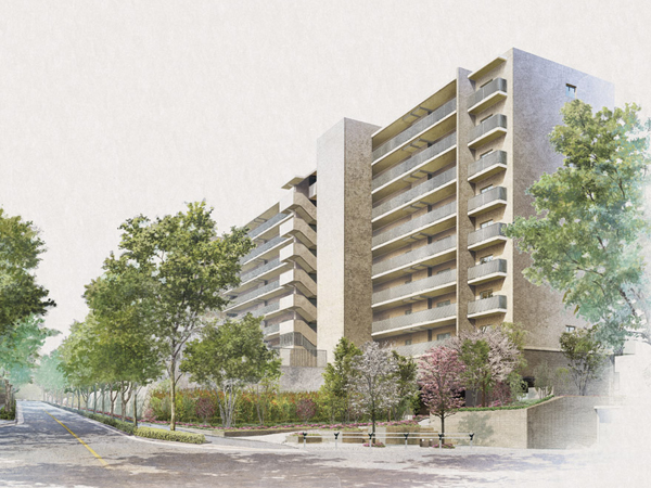 Features of the building.  [appearance] Adapt to the rich natural landscape of the surrounding, Calm color of earth color and appearance design with dignity. Balcony of each dwelling unit is provided with a louver of modern horizontal lines, Has become the accent of the entire design (Rendering)
