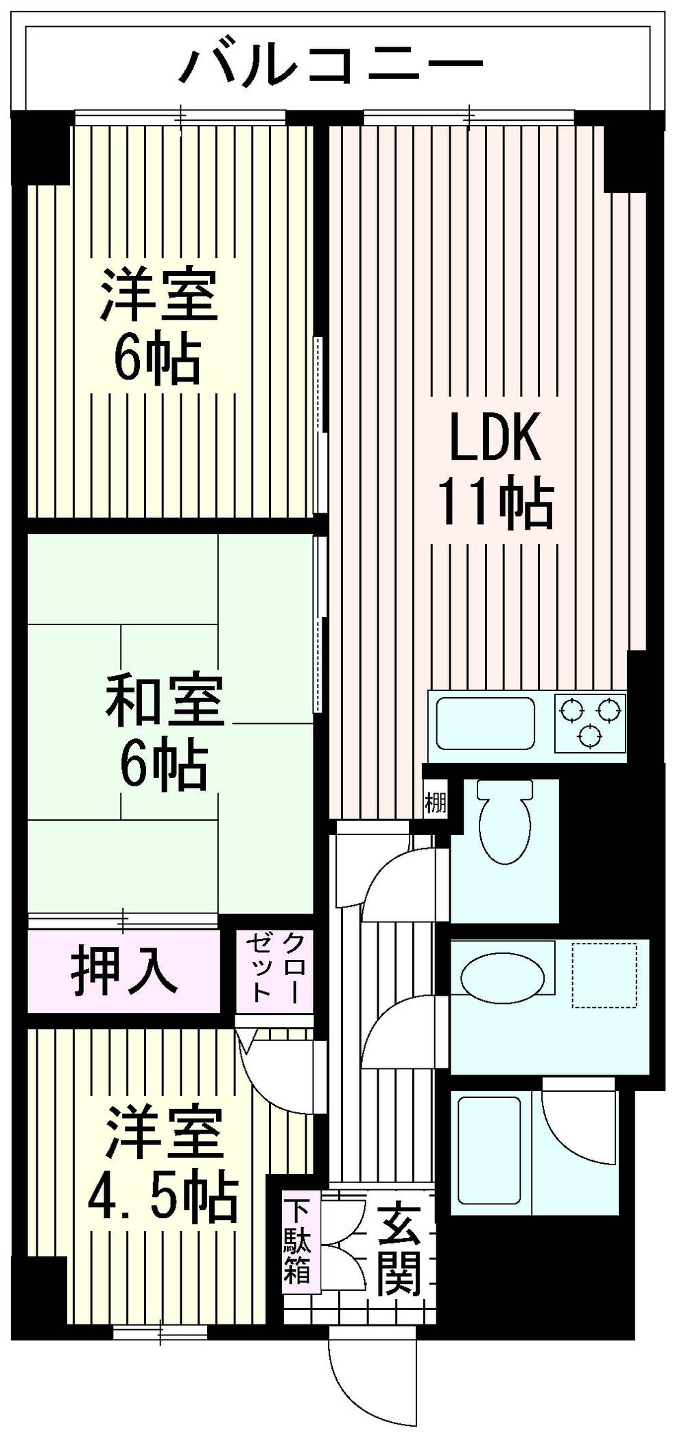 Floor plan. 3LDK, Price 12.9 million yen, Occupied area 61.56 sq m , Floor plan of the balcony area 6.84 sq m 3LDK. Day is also good