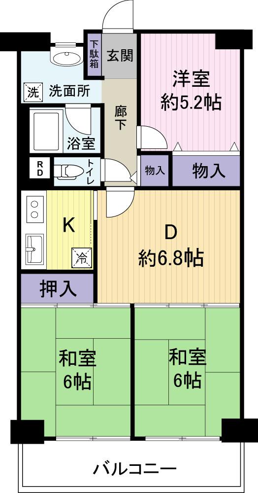 Floor plan. 3DK, Price 10.8 million yen, Footprint 61.6 sq m , Balcony area 7.84 sq m