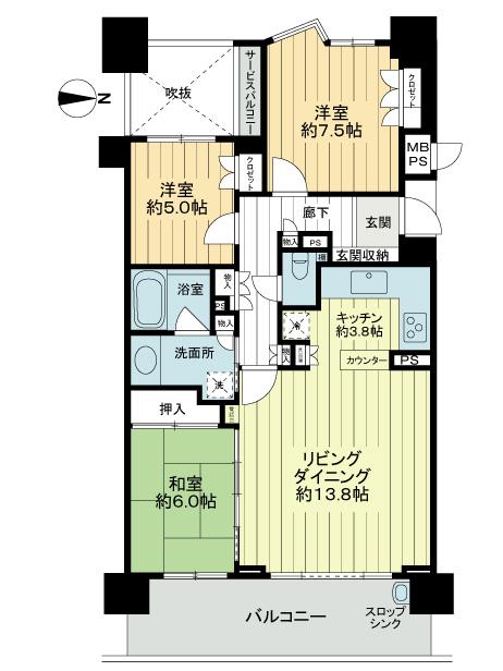 Floor plan. 3LDK, Price 26.2 million yen, Occupied area 82.89 sq m , Balcony area 13.68 sq m