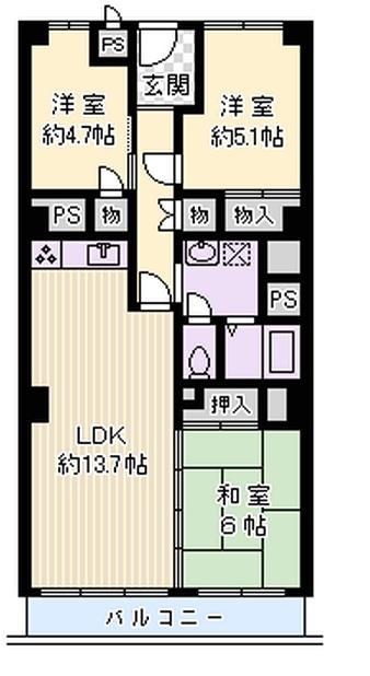 Floor plan. 3LDK, Price 16.5 million yen, Footprint 72 sq m , Balcony area 7.2 sq m