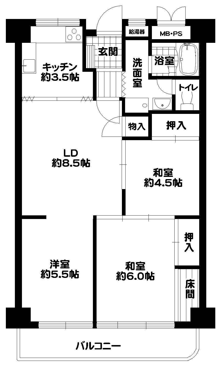 Floor plan. 3LDK, Price 7.36 million yen, Occupied area 65.52 sq m , Balcony area 7.24 sq m