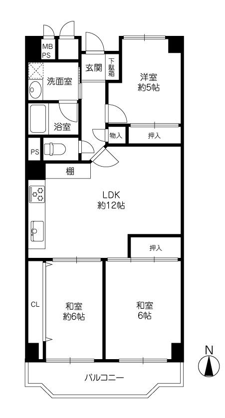 Floor plan. 3LDK, Price 9.8 million yen, Occupied area 64.26 sq m , Balcony area 9.72 sq m