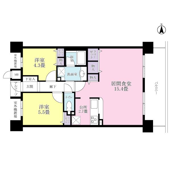 Floor plan. 2LDK, Price 24,800,000 yen, Occupied area 61.11 sq m , Balcony area 11.34 sq m