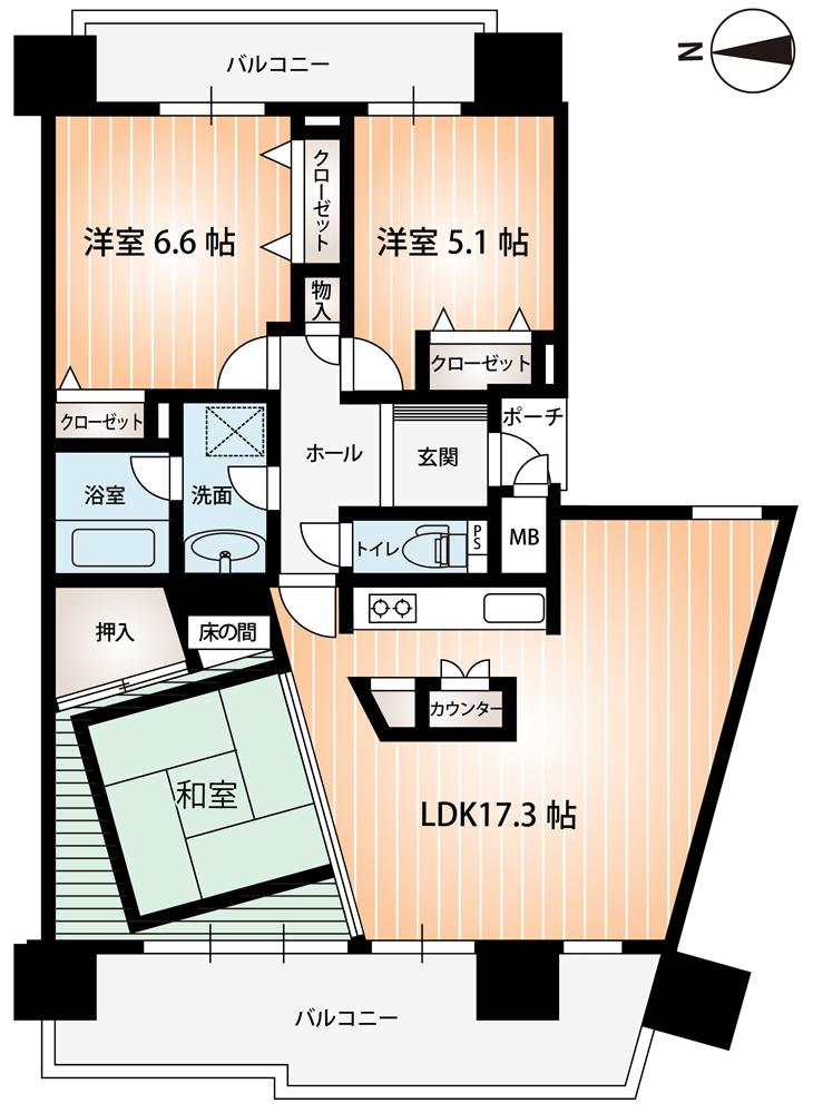 Floor plan. 3LDK, Price 21.3 million yen, Occupied area 76.95 sq m , Balcony area 18.56 sq m
