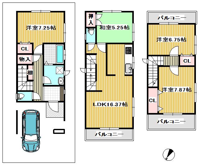 Floor plan. 31,800,000 yen, 3LDK + S (storeroom), Land area 74.26 sq m , Building area 112.09 sq m spacious LDK, Three sides is an easy-to-use floor plans in a convenient, such as a balcony