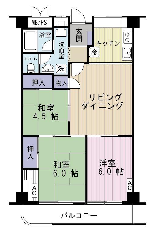 Floor plan. 3LDK, Price 9.8 million yen, Occupied area 65.52 sq m , Balcony area 7.2 sq m