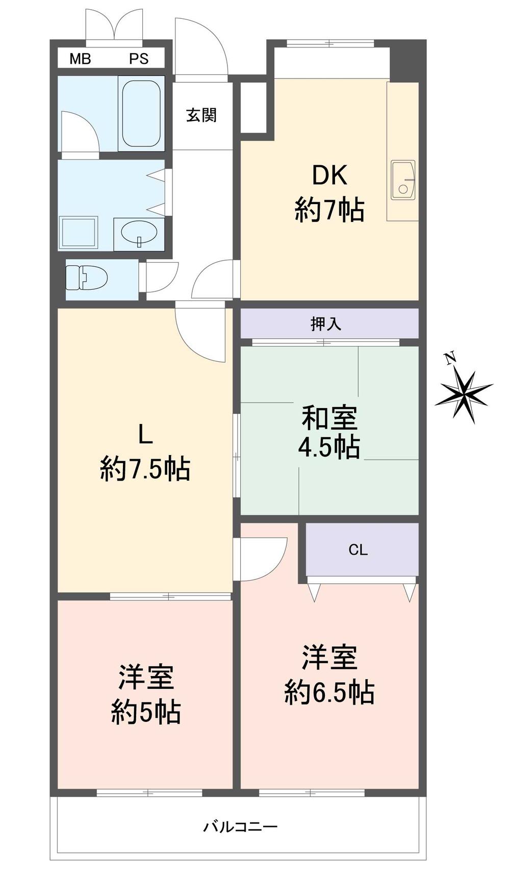 Floor plan. 3LDK, Price 10.8 million yen, Footprint 66 sq m , Balcony area 6.28 sq m