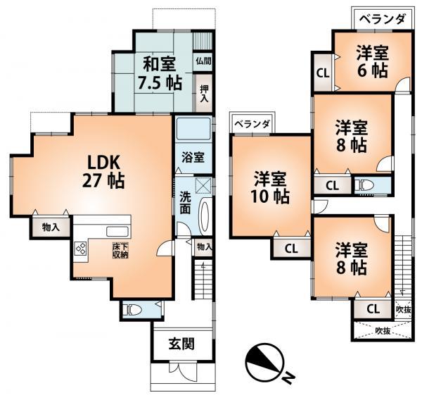 Floor plan. 55,800,000 yen, 5LDK, Land area 252.75 sq m , Building area 158.36 sq m ■ Mato drawings ■ Living 27 Pledge of spacious Mato. One of the few 5LDK with all rooms of 6 or more margin.