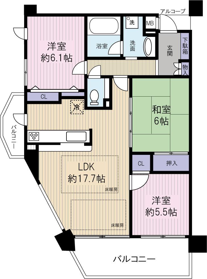 Floor plan. 3LDK, Price 21,800,000 yen, Occupied area 75.28 sq m , Balcony area 12.49 sq m