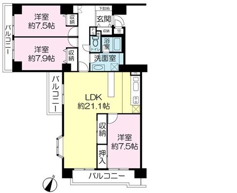 Floor plan. 3LDK, Price 22.5 million yen, Occupied area 97.22 sq m , Balcony area 14.85 sq m