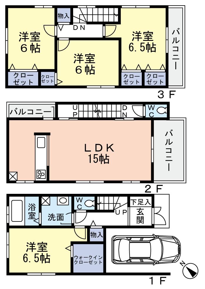 Floor plan. (3 Building), Price 29,800,000 yen, 4LDK, Land area 71.58 sq m , Building area 119.01 sq m