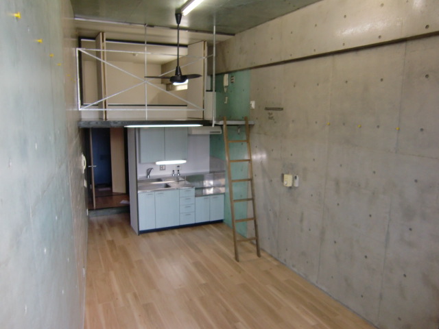 Living and room. Ceiling height 4m! Concrete is the inner wall of the driving range