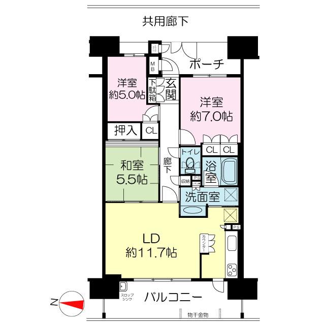 Floor plan. 3LDK, Price 32,900,000 yen, Occupied area 76.12 sq m , Balcony area 14 sq m