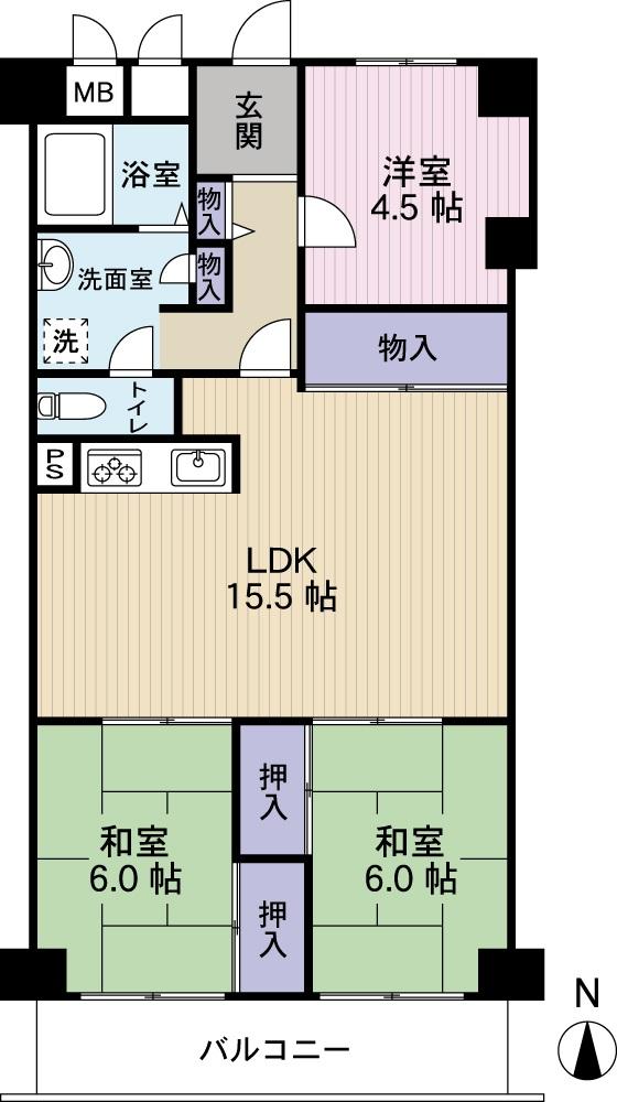 Floor plan. 3LDK, Price 17.5 million yen, Occupied area 74.06 sq m , Balcony area 8.96 sq m