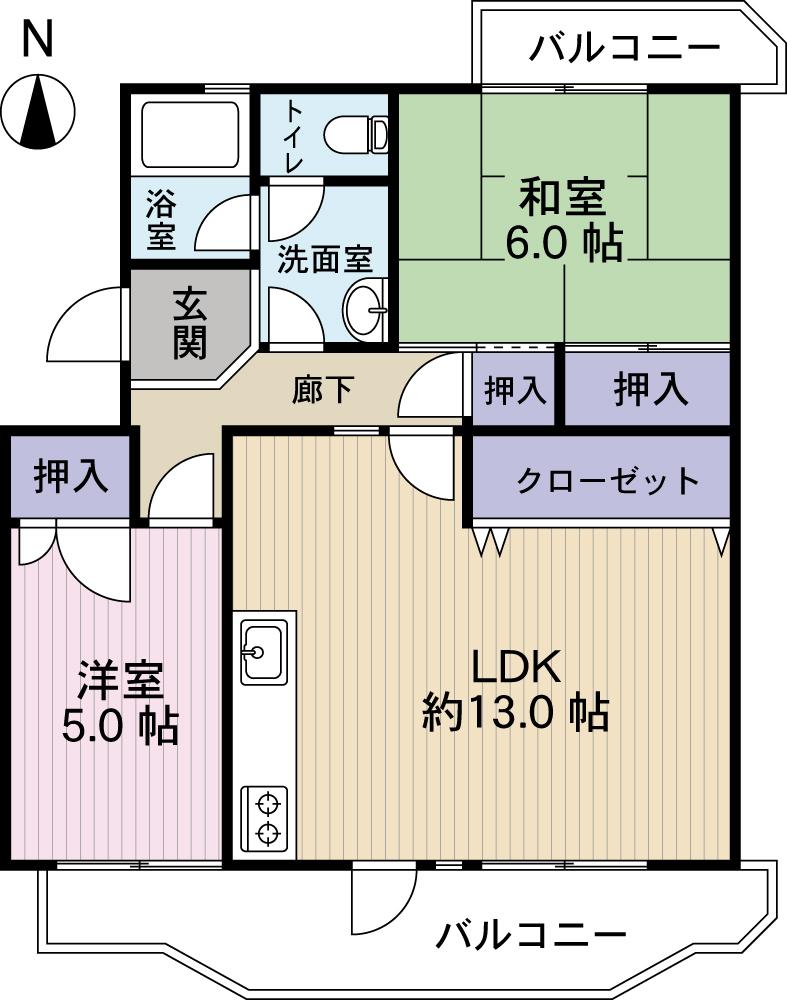 Floor plan. 2LDK, Price 12.8 million yen, Occupied area 61.35 sq m , Balcony area 11.94 sq m