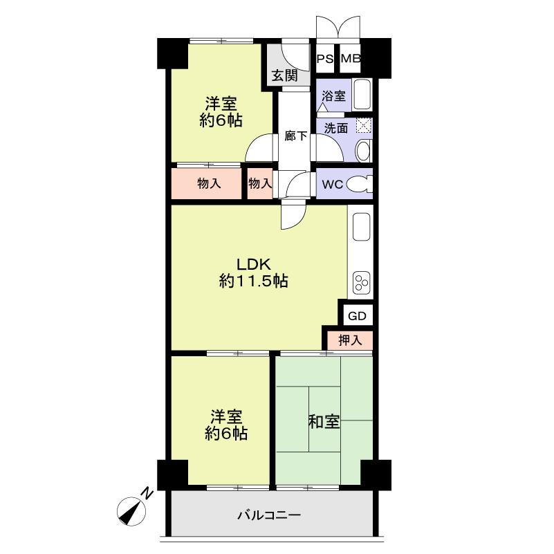 Floor plan. 3LDK, Price 13.3 million yen, Occupied area 68.75 sq m , Balcony area 6.6 sq m