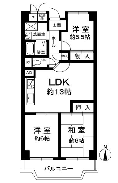 Floor plan. 3LDK, Price 11.8 million yen, Occupied area 64.26 sq m , Balcony area 7.5 sq m