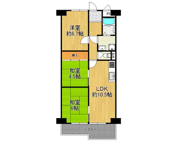 Floor plan. 3LDK, Price 9.4 million yen, Occupied area 66.36 sq m , Balcony area 8.75 sq m eastward, Is the residence of 3LDK