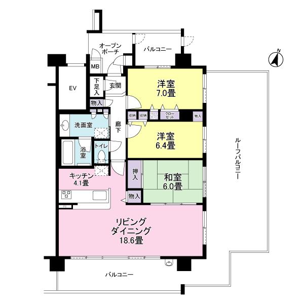 Floor plan. 3LDK, Price 59,800,000 yen, Occupied area 92.02 sq m , Balcony area 24.49 sq m footprint: 92.02 sq m Balcony area: 24.49 sq m Roof balcony area: about 42 sq m 3LD ・ K type Facing south, South ・ east ・ North of the three-way angle room