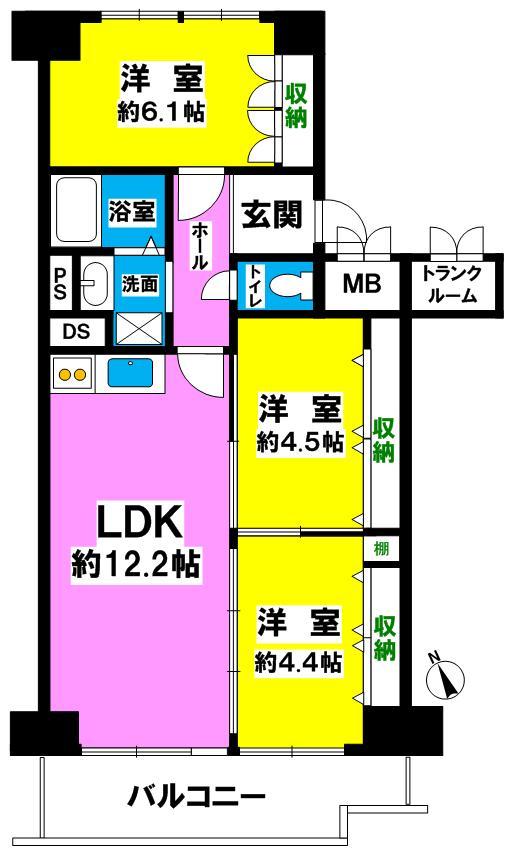 Floor plan. 3LDK, Price 12.8 million yen, Footprint 65.8 sq m , Balcony area 8.92 sq m