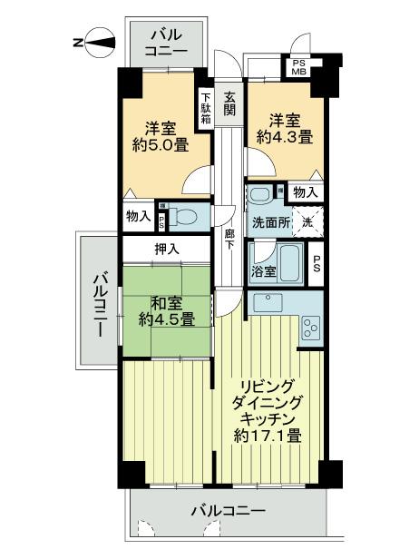 Floor plan. 3LDK, Price 14.8 million yen, Occupied area 70.38 sq m , Balcony area 16.41 sq m