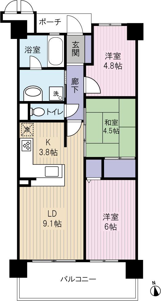 Floor plan. 3LDK, Price 26,800,000 yen, Occupied area 62.54 sq m , Balcony area 10.44 sq m