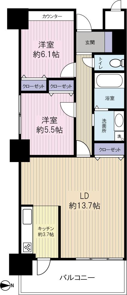 Floor plan. 2LDK, Price 18,800,000 yen, Occupied area 65.27 sq m , Balcony area 13.61 sq m