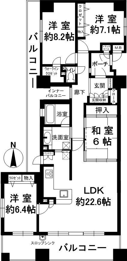 Floor plan. 4LDK, Price 39,800,000 yen, Footprint 113.96 sq m , Balcony area 35.63 sq m 4LDK113.96 sq m is no longer about the same size as the floor area of ​​a typical single-family. South in the southwest angle room ・ There are two sides balcony of 35.63 sq m to the west.
