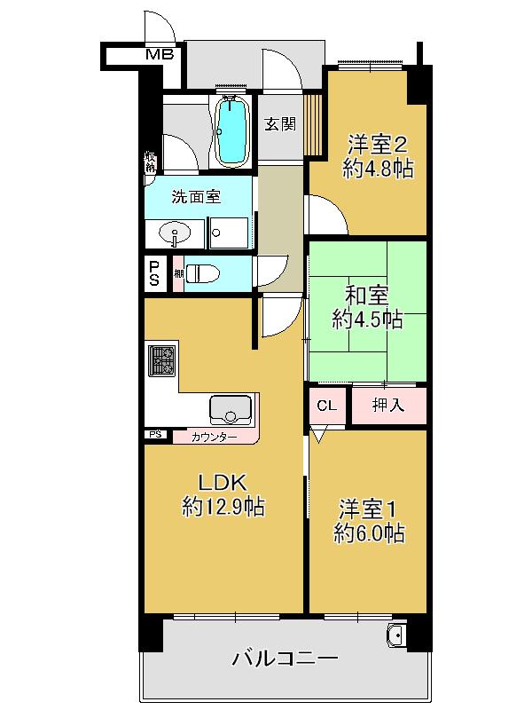 Floor plan. 3LDK, Price 26,800,000 yen, Occupied area 62.54 sq m , Balcony area 10.44 sq m