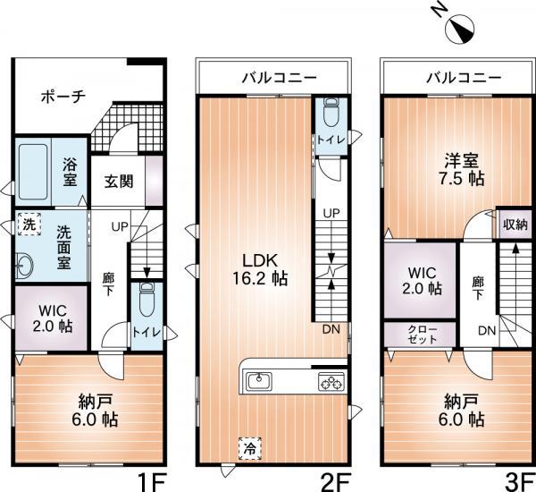 Floor plan. 30,800,000 yen, 3LDK, Land area 65.95 sq m , Building area 98.12 a sq m WIC, etc. Floor storage is often in each room