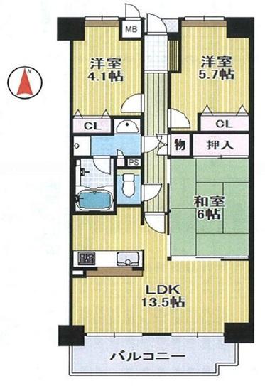 Floor plan. 3LDK, Price 18.4 million yen, Occupied area 65.69 sq m , Balcony area 8.07 sq m 3LDK