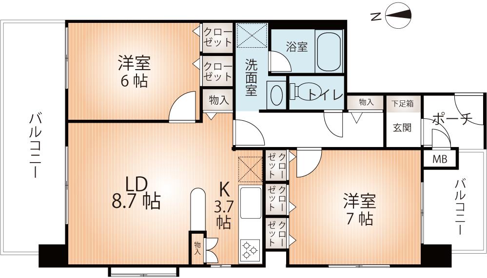 Floor plan. 2LDK, Price 19.5 million yen, Occupied area 57.97 sq m , Balcony area 15.9 sq m